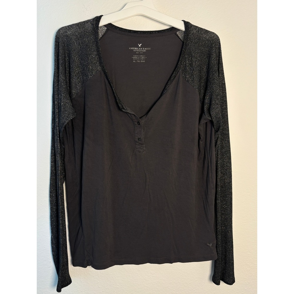 American Eagle Outfitters Womens XL Gray Metallic Shimmer Raglan Henley Top